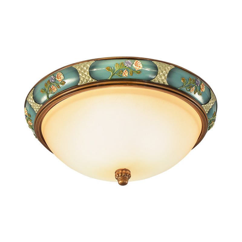 3-Head Ceiling Mounted Light Vintage Bedroom Flushmount Lamp with Dome Frosted Glass Shade in Blue-Green, 15"/19" W