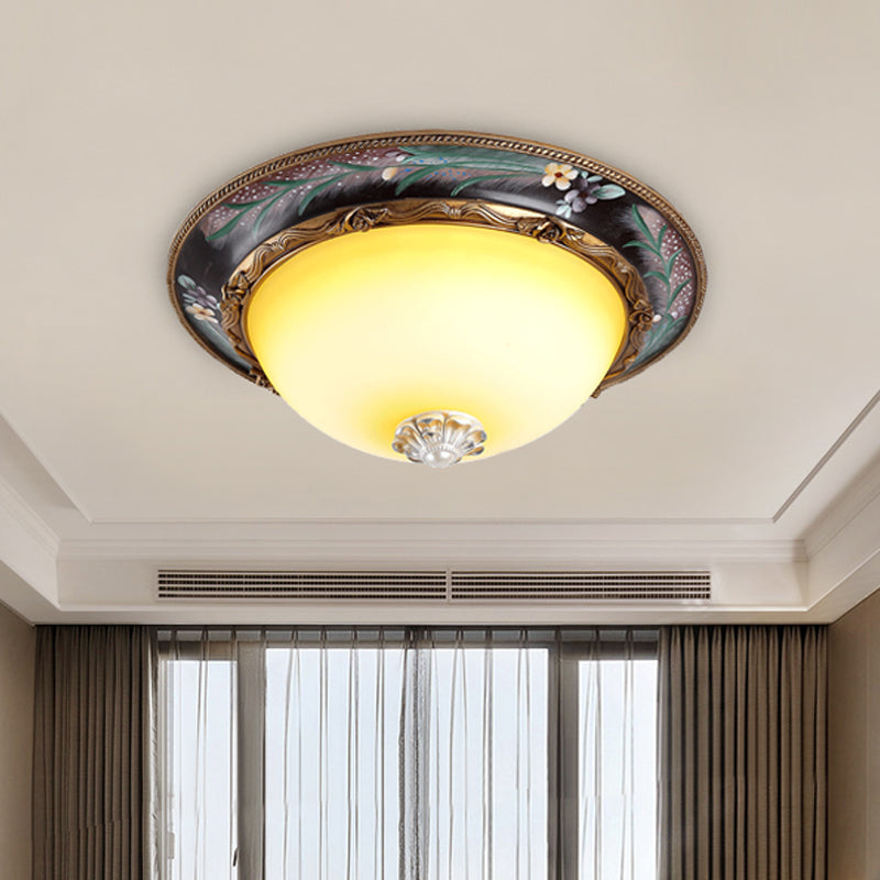 Brass Domed Flush Lighting Antiqued Yellow Glass 12"/16" Wide LED Bedroom Flush Mount Fixture