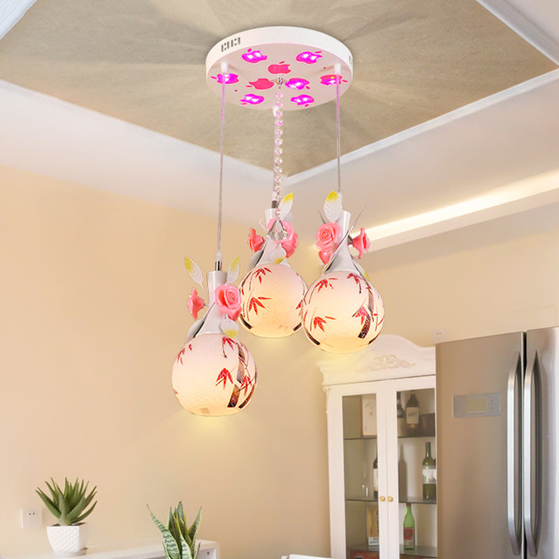 Vase Shape White Glass Multi-Pendant Light Modernist 3 Bulbs Dining Room Hanging Lamp with Pink Floral Deco