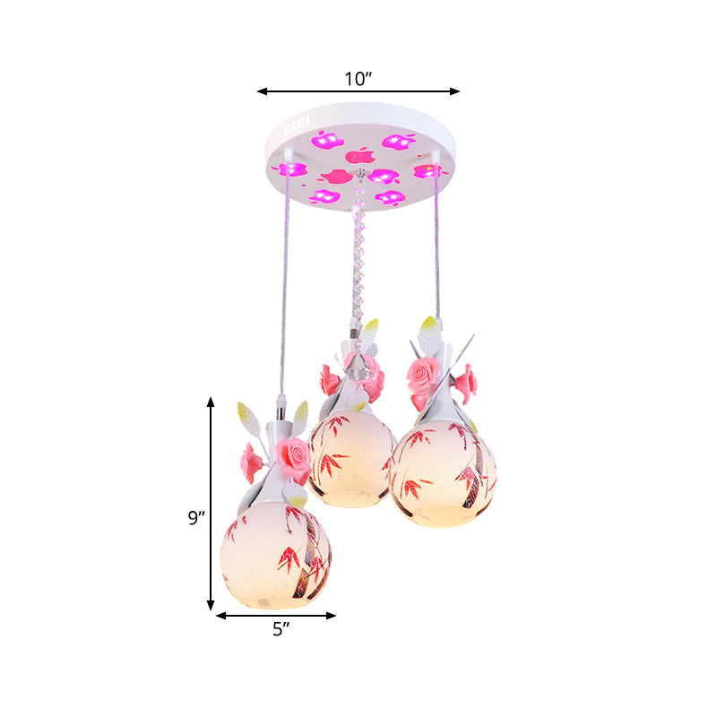 Vase Shape White Glass Multi-Pendant Light Modernist 3 Bulbs Dining Room Hanging Lamp with Pink Floral Deco