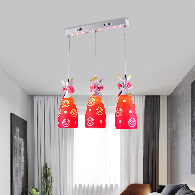 Contemporary Wine Bottle Multi Ceiling Light 3-Head Red Glass Suspension Lamp with Flower Deco
