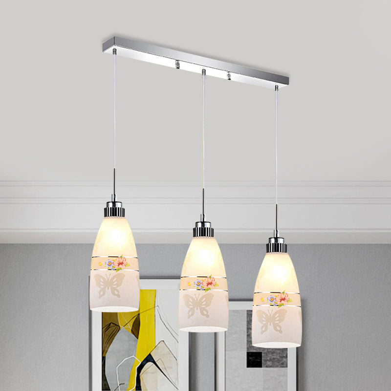 3-Light Drop Pendant Minimalist Oblong White Printing Glass Multiple Hanging Lamp with Round/Linear Canopy