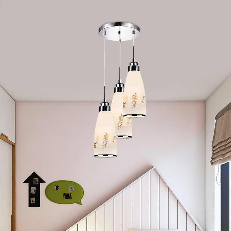 3-Light Drop Pendant Minimalist Oblong White Printing Glass Multiple Hanging Lamp with Round/Linear Canopy