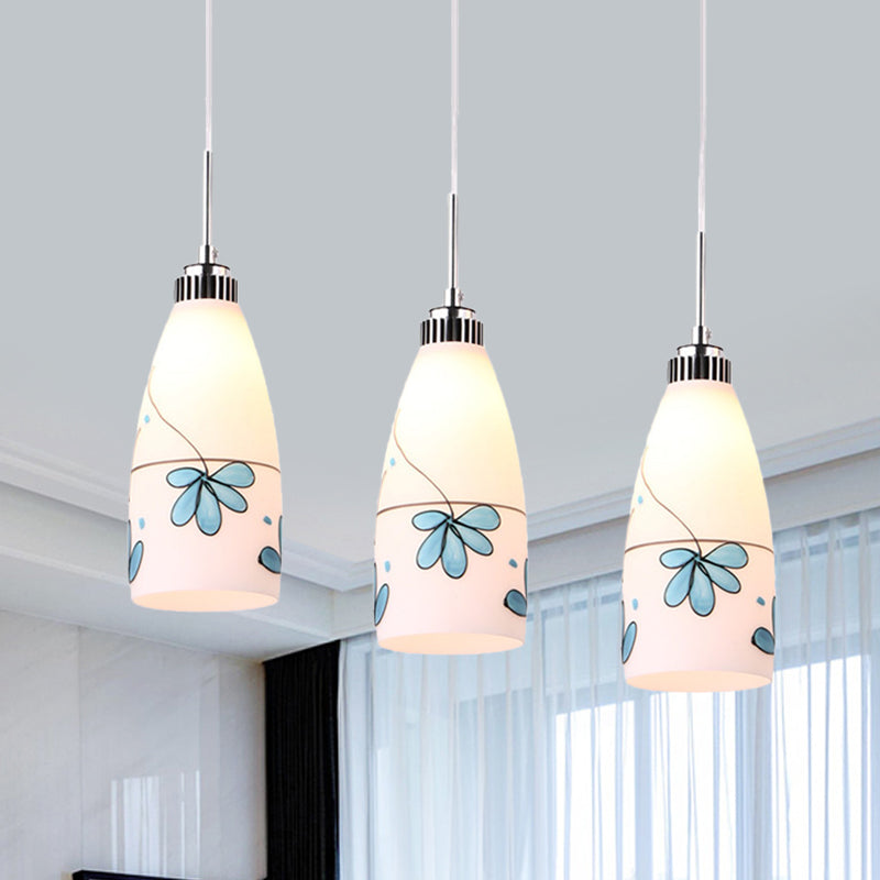 3-Bulb Cone Multiple Hanging Lamp Minimalism Black/Yellow/Blue Printing Glass Pendulum Lamp with Linear/Round Canopy
