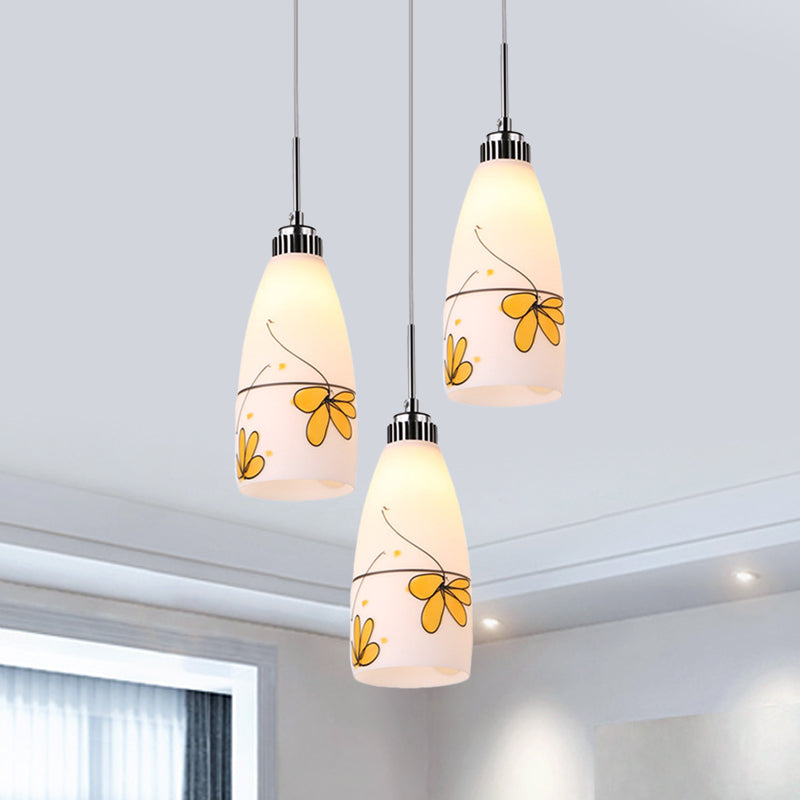 3-Bulb Cone Multiple Hanging Lamp Minimalism Black/Yellow/Blue Printing Glass Pendulum Lamp with Linear/Round Canopy