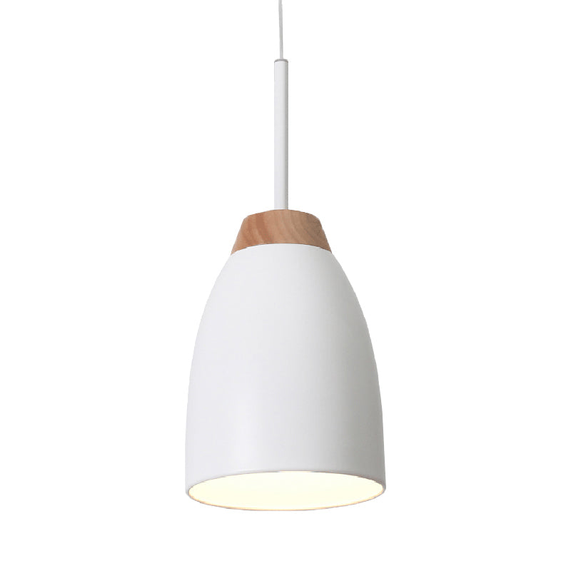 Bell Drop Pendant Light Minimal Metal 1 Bulb White/Black and Wood Hanging Ceiling Lamp over Table