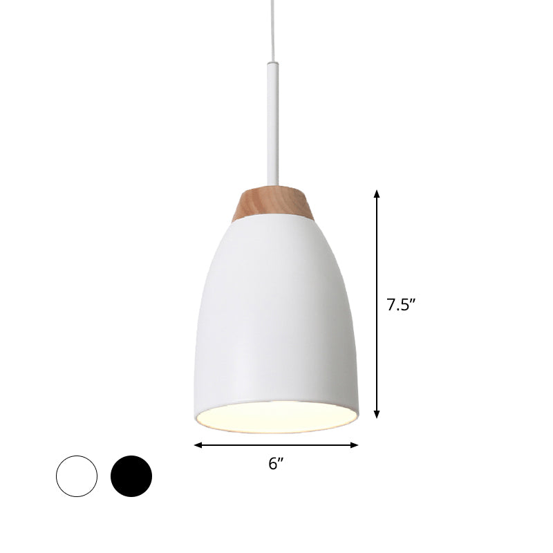 Bell Drop Pendant Light Minimal Metal 1 Bulb White/Black and Wood Hanging Ceiling Lamp over Table