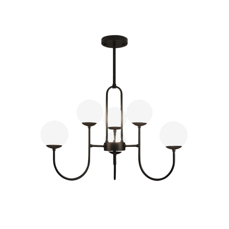 Arced Arm Iron Chandelier Light Fixture Modern 6/9-Head Black Finish Pendulum Lamp with Sphere Milk White Glass Shade