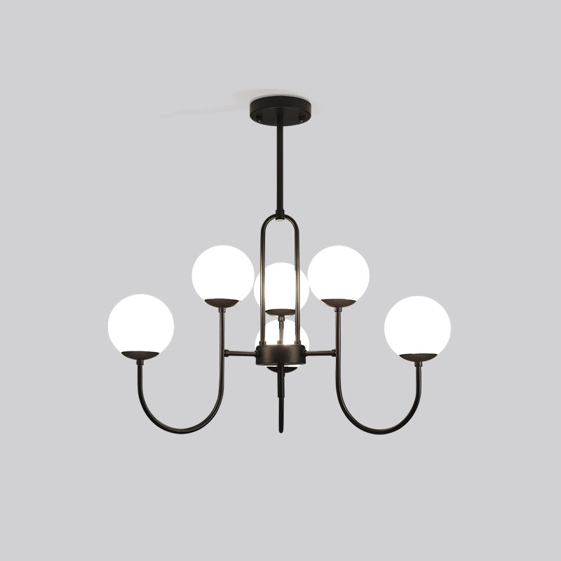Arced Arm Iron Chandelier Light Fixture Modern 6/9-Head Black Finish Pendulum Lamp with Sphere Milk White Glass Shade