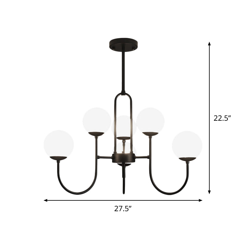 Arced Arm Iron Chandelier Light Fixture Modern 6/9-Head Black Finish Pendulum Lamp with Sphere Milk White Glass Shade