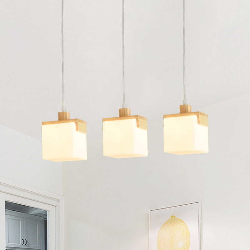 Modernism 3 Heads Multi Pendant Light Wood Cube LED Hanging Ceiling Lamp with White Glass Shade