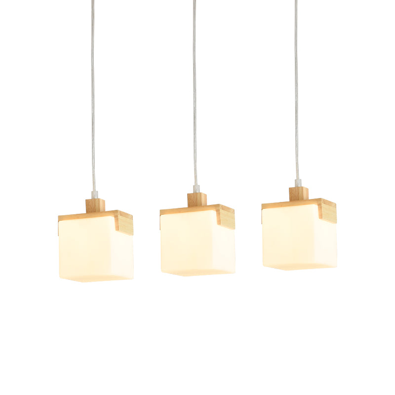 Modernism 3 Heads Multi Pendant Light Wood Cube LED Hanging Ceiling Lamp with White Glass Shade