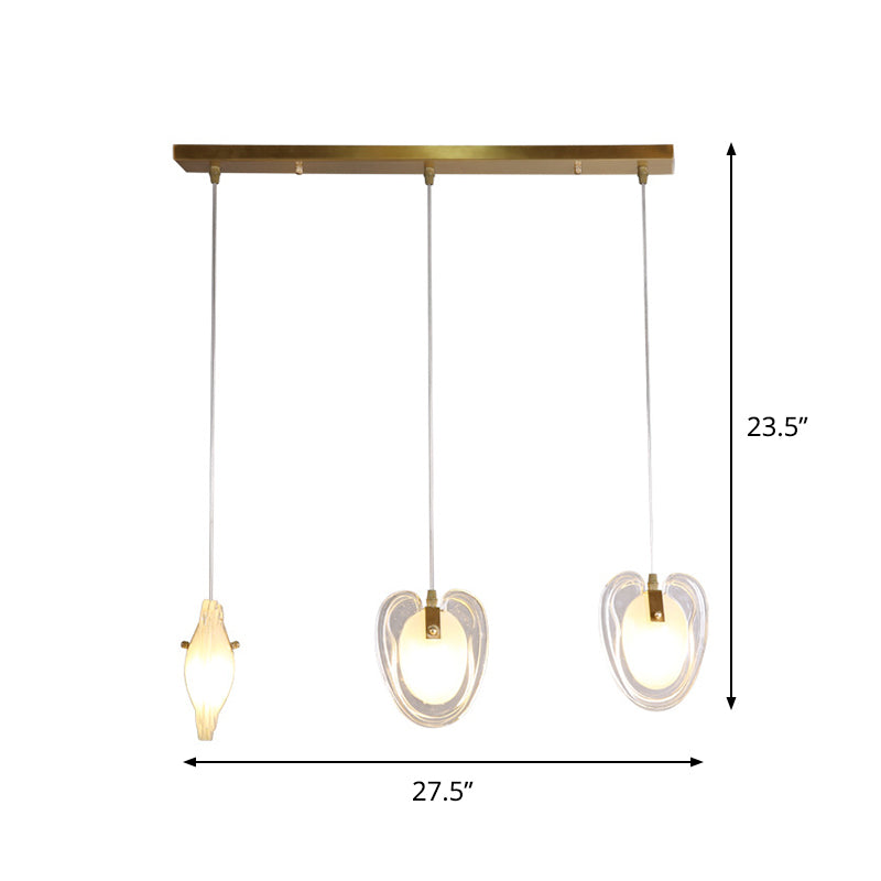 Brass Heart Shape Ceiling Light Modern 3-Light Clear Glass Hanging Lamp Fixture with Linear Canopy