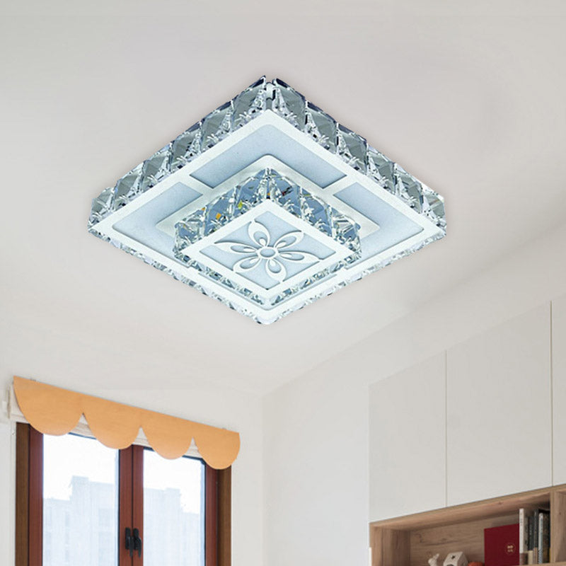Lámpara empotrada de cristal facetado blanco, LED cuadrado de 2 capas, lámpara de techo sencilla con diseño de flores en luz blanca/cálida