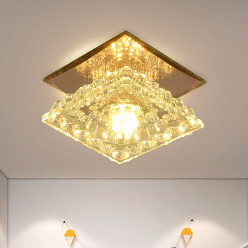 Lámpara de techo empotrada cuadrada LED contemporánea de cristal facetado en oro para pasillo, luz blanca/cálida/de 3 colores