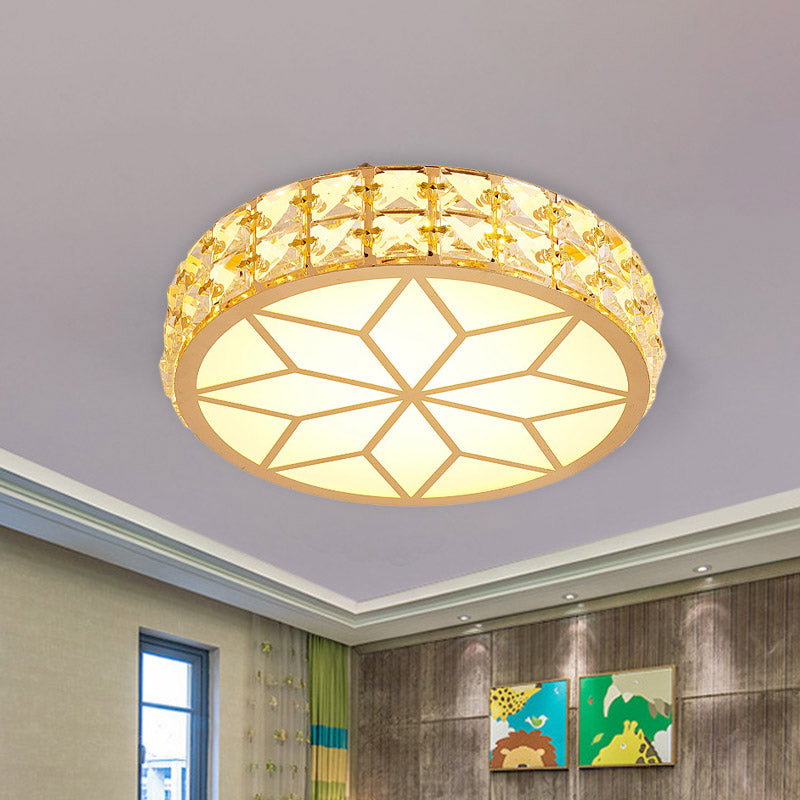 Drum/Flower Corridor Flushmount Light Contemporary Faceted Crystal LED White/Gold Ceiling Mounted Fixture