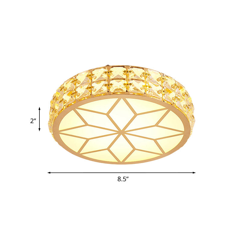 Drum/Flower Corridor Flushmount Light Contemporary Faceted Crystal LED White/Gold Ceiling Mounted Fixture