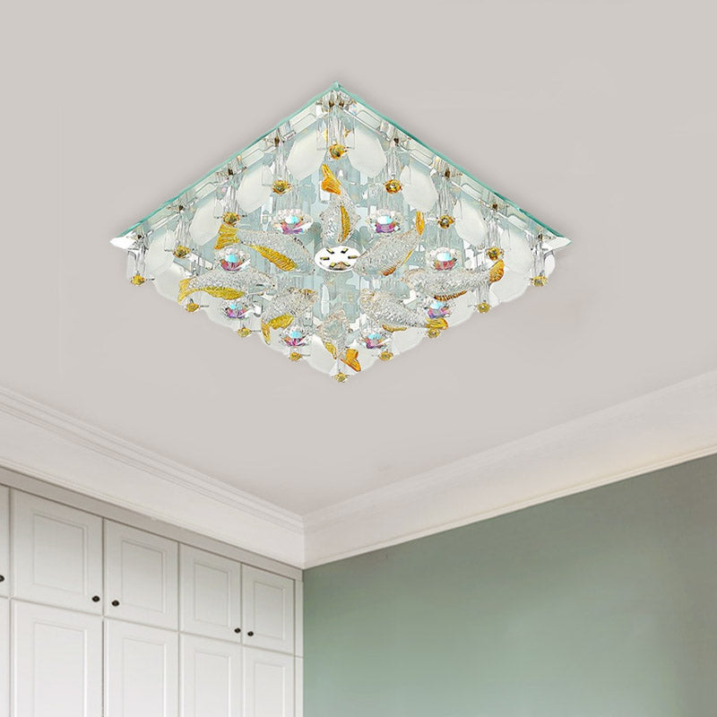 LED Square Flush Mount Lamp Simple Clear Crystal Close to Ceiling Light for Balcony