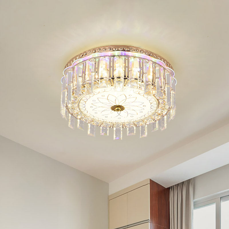 12"/19.5" W LED Crystal Block Ceiling Flush Mount Modernist Gold Drum Shade Flush Light Fixture with Petal Pattern