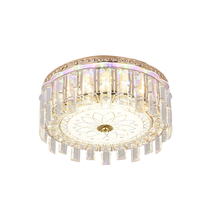 12"/19.5" W LED Crystal Block Ceiling Flush Mount Modernist Gold Drum Shade Flush Light Fixture with Petal Pattern