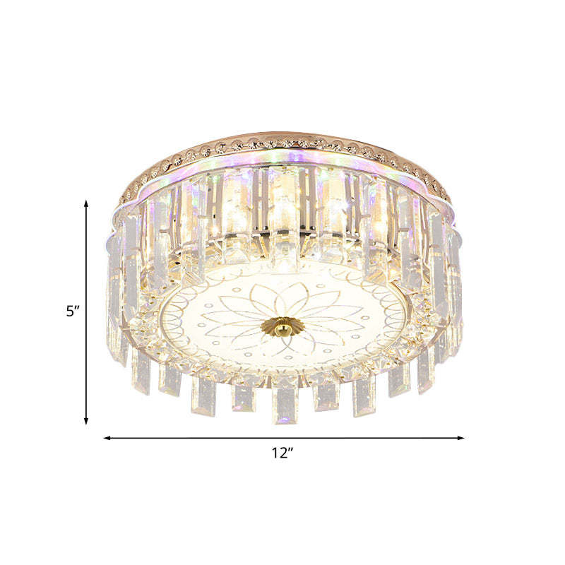 12"/19.5" W LED Crystal Block Ceiling Flush Mount Modernist Gold Drum Shade Flush Light Fixture with Petal Pattern