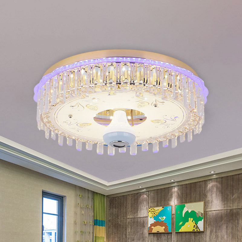 12"/19.5" W LED Crystal Block Ceiling Flush Mount Modernist Gold Drum Shade Flush Light Fixture with Petal Pattern
