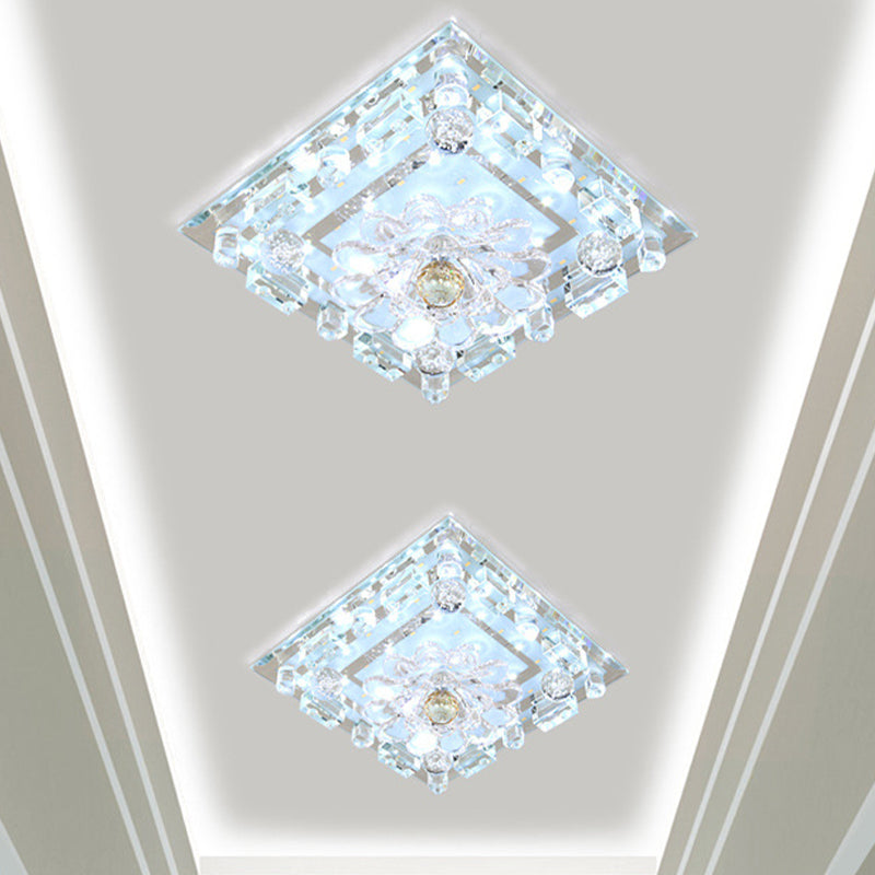 Clear Crystal Square Flush Ceiling Light Simple LED Corridor Flush Mount with Scalloped Shade in Warm/White Light