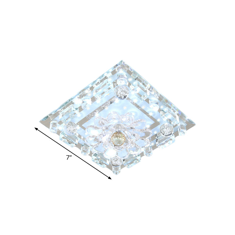 Clear Crystal Square Flush Ceiling Light Simple LED Corridor Flush Mount with Scalloped Shade in Warm/White Light