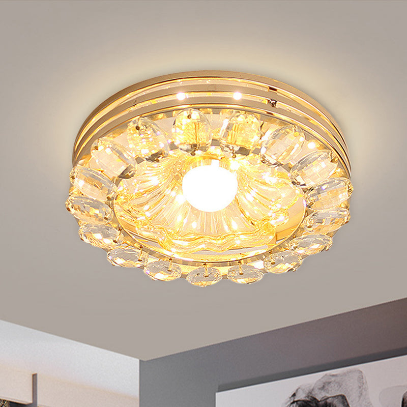 Minimal Round/Square Ceiling Lamp LED Faceted Crystal Flush Mount Fixture in Gold with Flower Shade