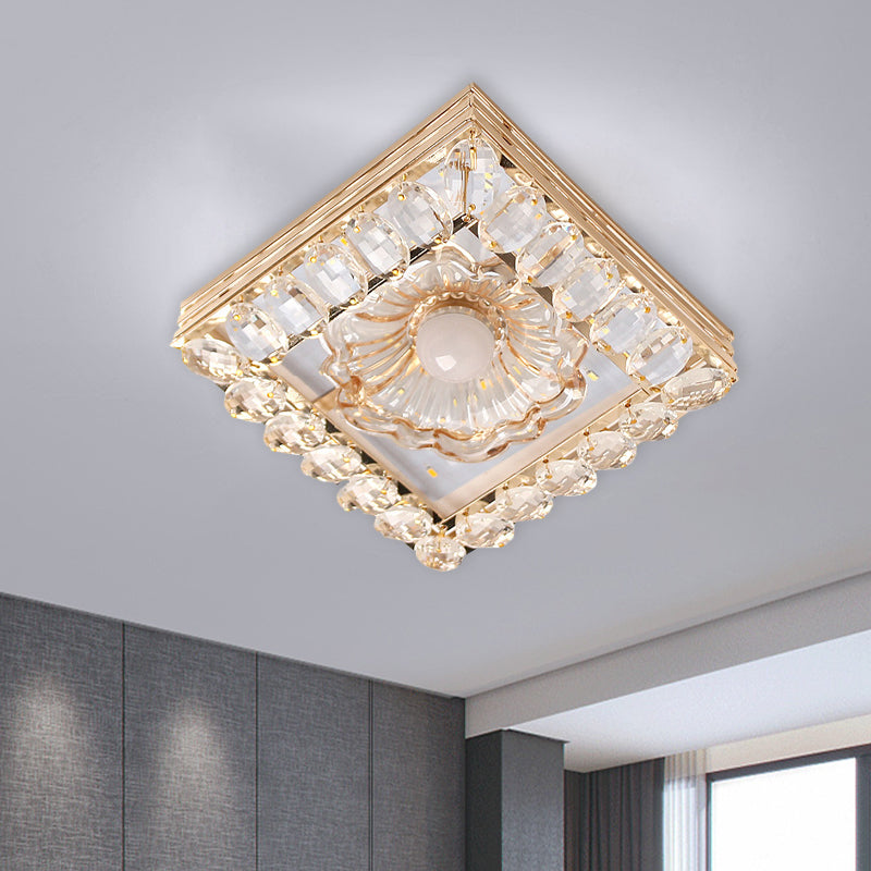 Minimal Round/Square Ceiling Lamp LED Faceted Crystal Flush Mount Fixture in Gold with Flower Shade