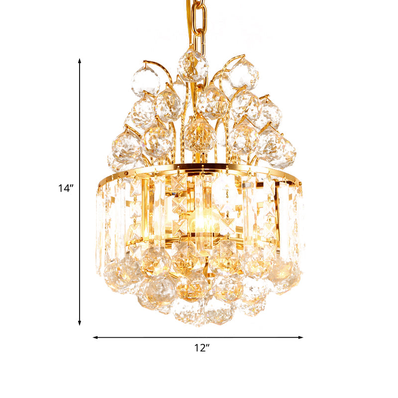 Round Living Room Hanging Chandelier Simple Style Crystal Ball 3 Heads Gold Finish Pendant Light Fixture