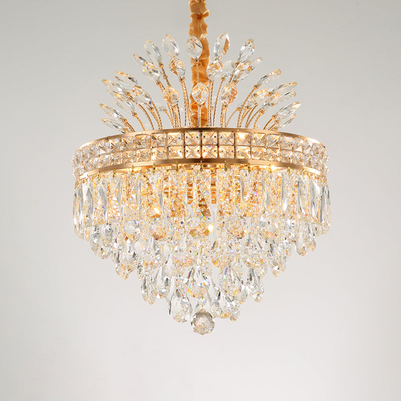 Gold 9 Bulbs Chandelier Light Fixture Contemporary Clear Crystal Conical Hanging Pendant for Bedroom