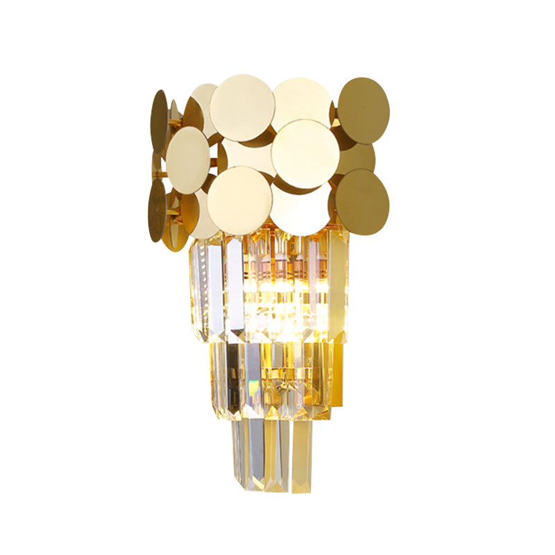 1-Bulb Wall Lighting Modernism Living Room Sconce Light with Tiered Crystal Block Shade in Gold