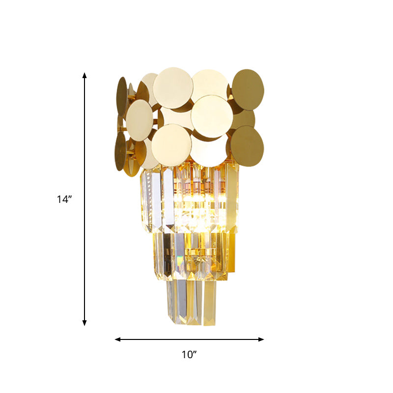 1-Bulb Wall Lighting Modernism Living Room Sconce Light with Tiered Crystal Block Shade in Gold