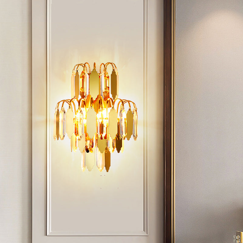 Crystal Block Tiered Wall Lighting Fixture Classic 2-Light Living Room Wall Light Sconce in Gold