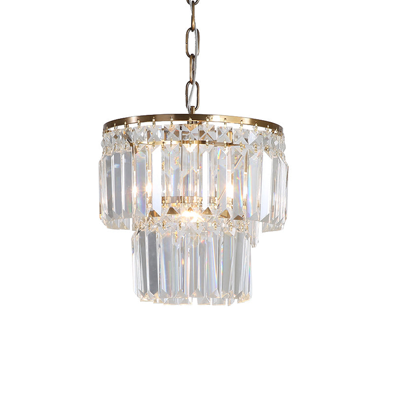 2-Layered Round Dining Room Pendant Light Countryside Crystal Block 1 Head Gold Finish Ceiling Hang Fixture