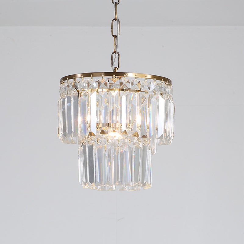 2-Layered Round Dining Room Pendant Light Countryside Crystal Block 1 Head Gold Finish Ceiling Hang Fixture