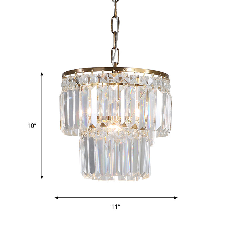 2-Layered Round Dining Room Pendant Light Countryside Crystal Block 1 Head Gold Finish Ceiling Hang Fixture