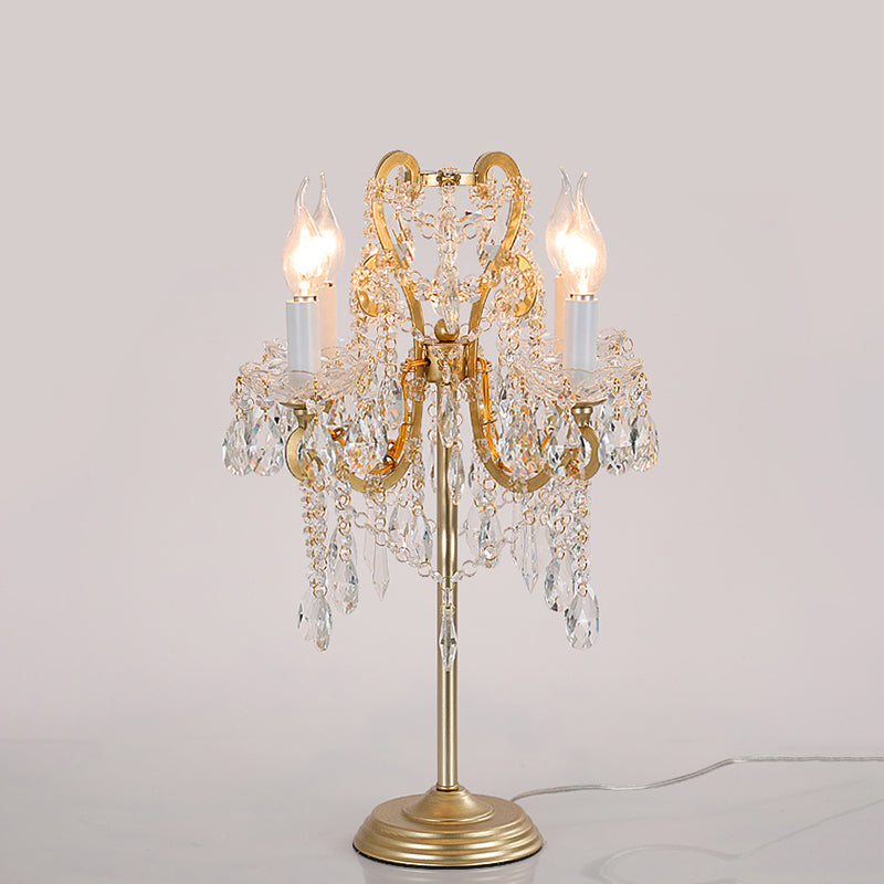 Lampada da tavolo in cristallo trasparente bianco/oro con braccio piegato, lampada notturna in stile rurale a 2 luci per soggiorno