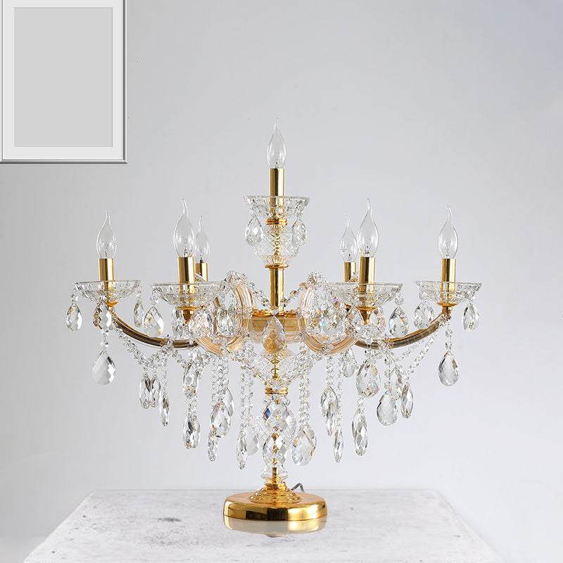7 Bulbs Crystal Strand Night Table Lamp Traditional Gold Candelabra Bedroom Nightstand Light