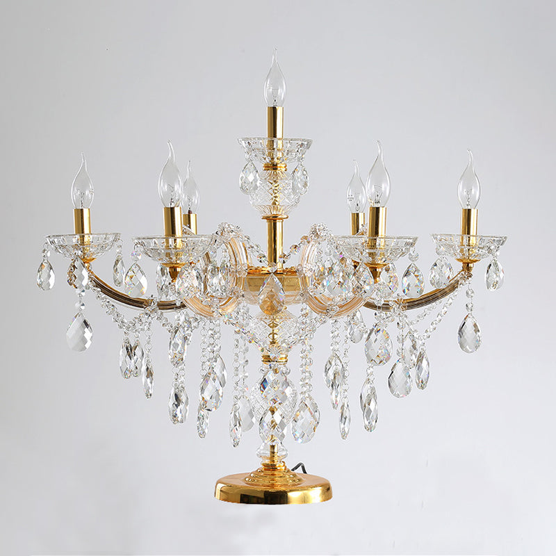 7 Bulbs Crystal Strand Night Table Lamp Traditional Gold Candelabra Bedroom Nightstand Light