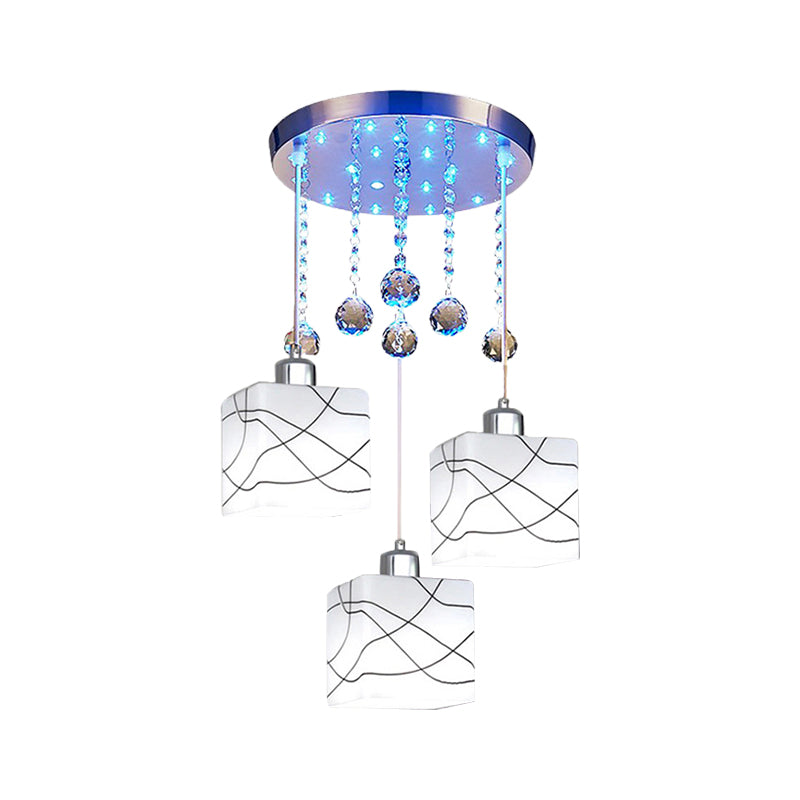 Weiß 3 Lichter Multi -Light -Anhänger Minimaler Kristallkugel quadratischer Hanglampe mit runden Baldachin