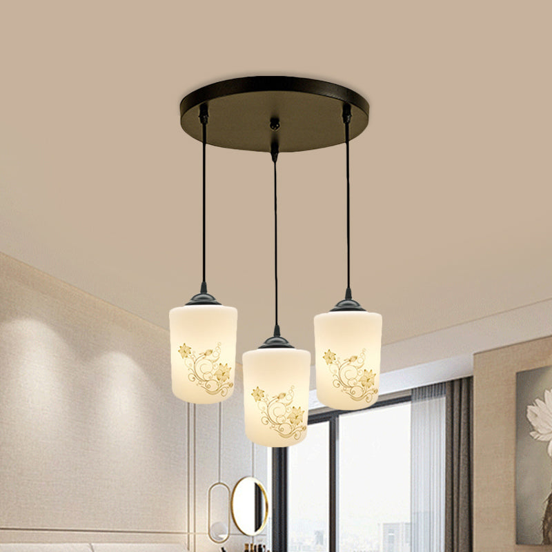 Cylinder Dining Room Multi Ceiling Light Modern White Printed Glass 3-Head Black Hanging Pendant with Linear/Round Canopy