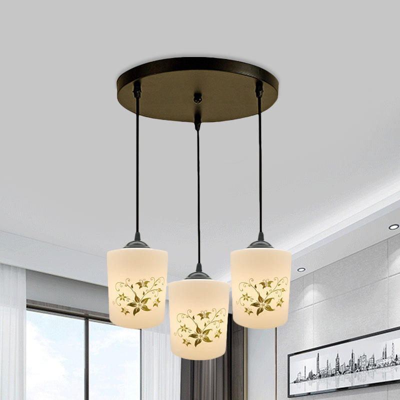 Cylinder Dining Room Multi Ceiling Light Modern White Printed Glass 3-Head Black Hanging Pendant with Linear/Round Canopy