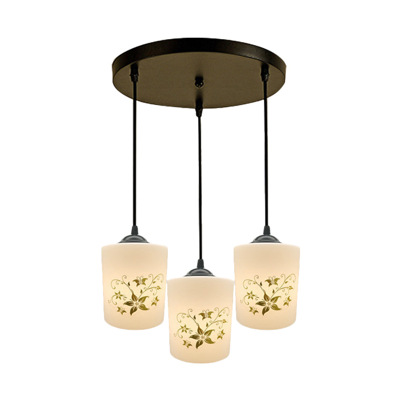 Cylinder Dining Room Multi Ceiling Light Modern White Printed Glass 3-Head Black Hanging Pendant with Linear/Round Canopy
