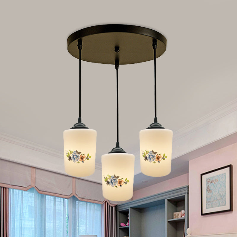 Cylinder Dining Room Multi Ceiling Light Modern White Printed Glass 3-Head Black Hanging Pendant with Linear/Round Canopy
