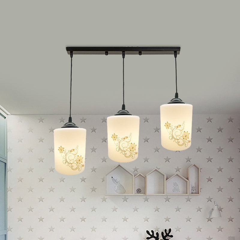Cylinder Dining Room Multi Ceiling Light Modern White Printed Glass 3-Head Black Hanging Pendant with Linear/Round Canopy