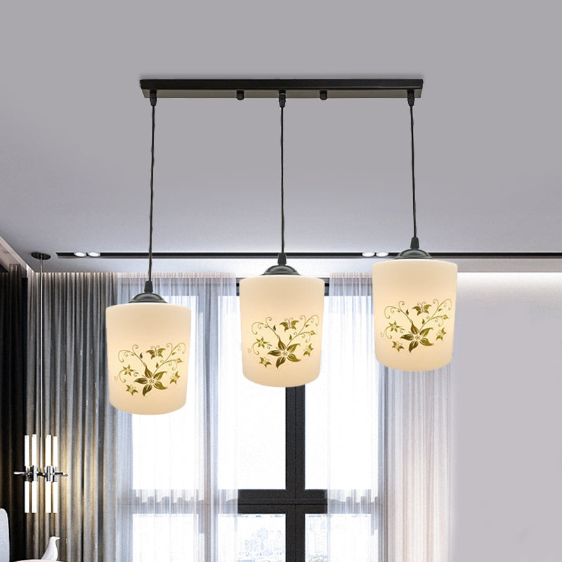 Cylinder Dining Room Multi Ceiling Light Modern White Printed Glass 3-Head Black Hanging Pendant with Linear/Round Canopy