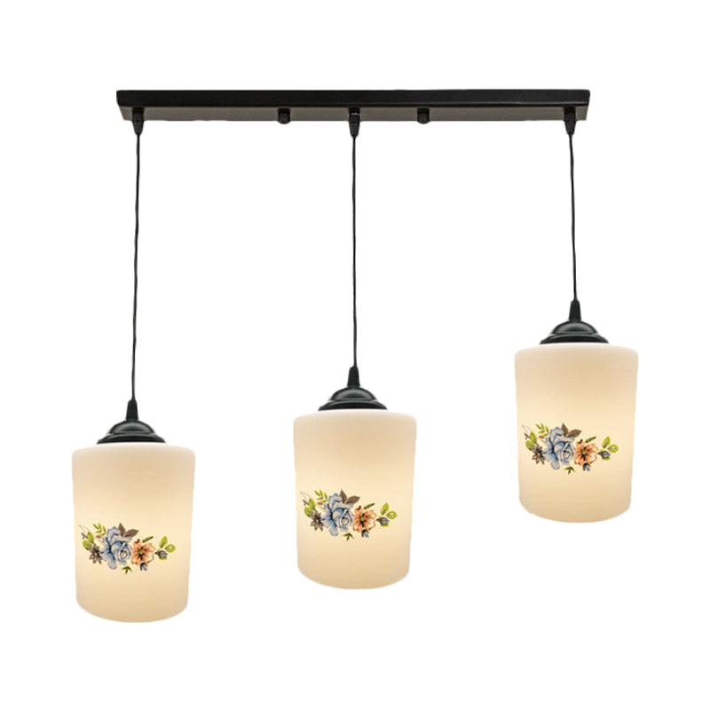 Cylinder Dining Room Multi Ceiling Light Modern White Printed Glass 3-Head Black Hanging Pendant with Linear/Round Canopy