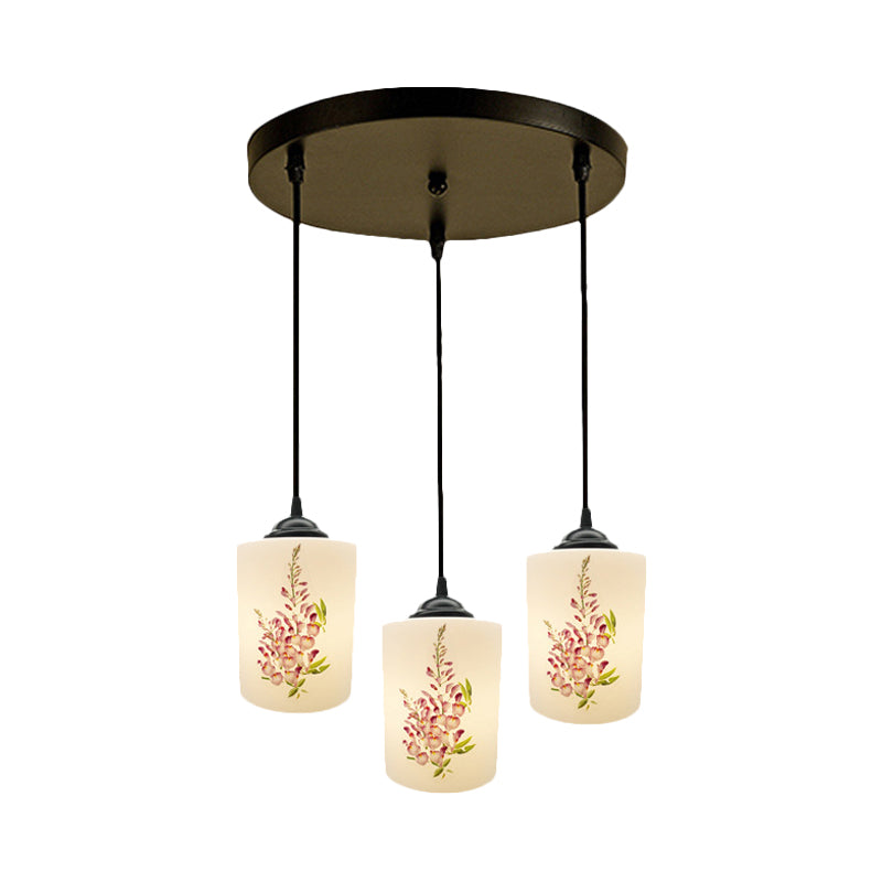 Witdruk Glas Zwart Multi Pendant Lamp Cilinder 3-Licht eetkamer Suspensie Licht met ronde/lineaire luifel